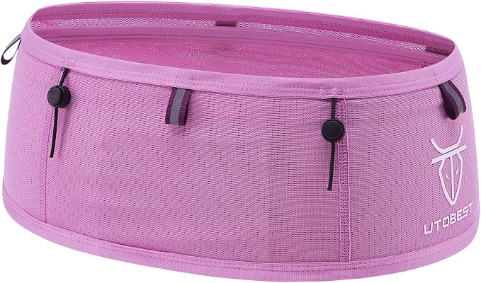 UTOBEST Running Belt for Men & Women, Bounce-Free Running Waist Pack Fits All Phones, 4-Pocket No Zipper Trail Running Belt Fits 500ml Soft Flask, Pole Carry Straps for Race, Trail (B7 Pro-Pink, 2XL)