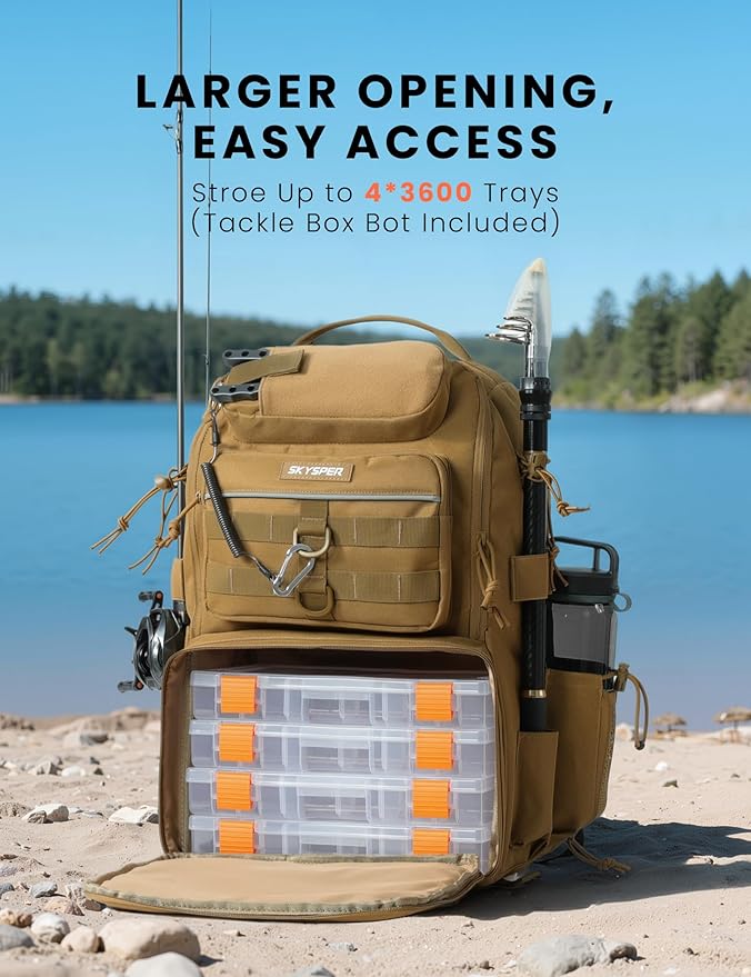 SKYSPER Tackle Backpack Fishing Bags with Rod Holder, 40L Water-Resistant Tackle Box Storage Bag for Fishing Gear Lures(Khaki)