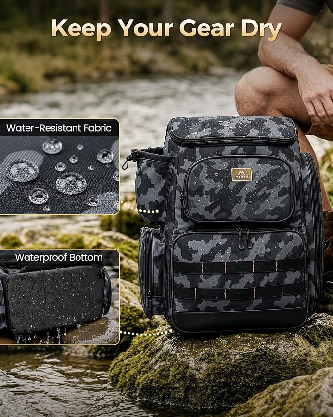 MATEIN Pro Fishing Backpack with 4 Tackle Boxes, 3600 Tackle Box Backpack | Fishing Bag with Rod Holder, Tackle Backpack with Large Side Gear Storage & Insulated Cooler Compartment, Fishing Gifts