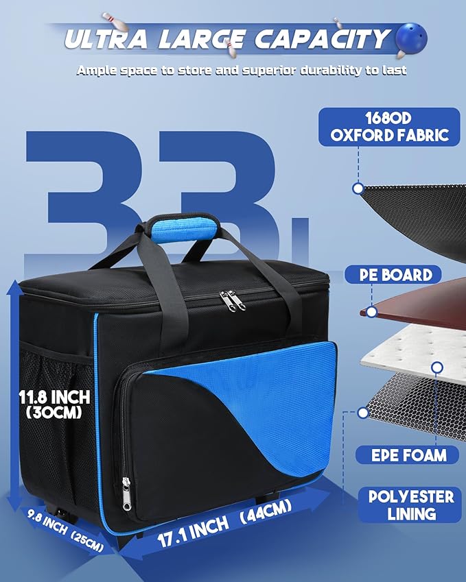 Convertible Bowling Bag with Wheels - Roller Bag for 1 or 2 Balls - EVA Foam Ball Cup - Rolling Tote for Bowling Accessories - Gifts for Youth & Adults