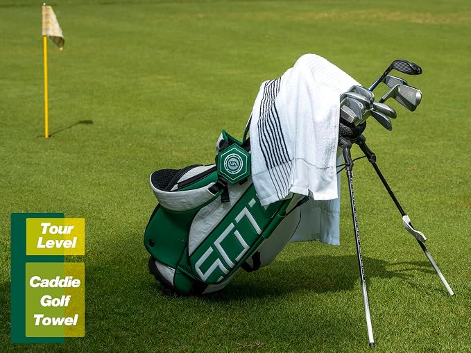 Handy Picks Caddie Golf Towel, Extra Large 44” x 22” Caddy Towel for Tour Professionals, Selected Soft Cotton, Absorbent with Professional Edge Finishing (White/Green, Pack of 2)
