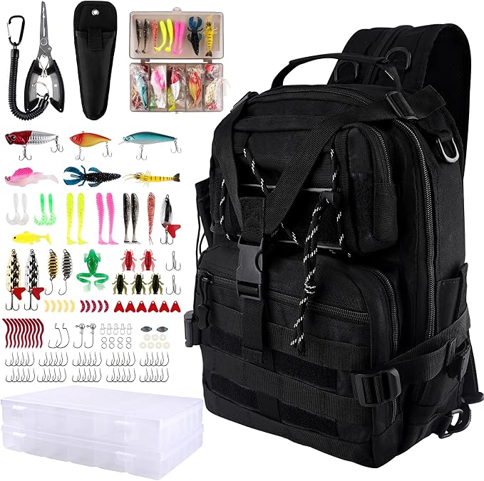 139PCS Tackle Box Backpack,Fishing Backpack with Accessories,Tackle Bag Fishing Tool Kit Fish Pliers Salt Water Fishing Tackle Set for Men Women Gifts (Black)