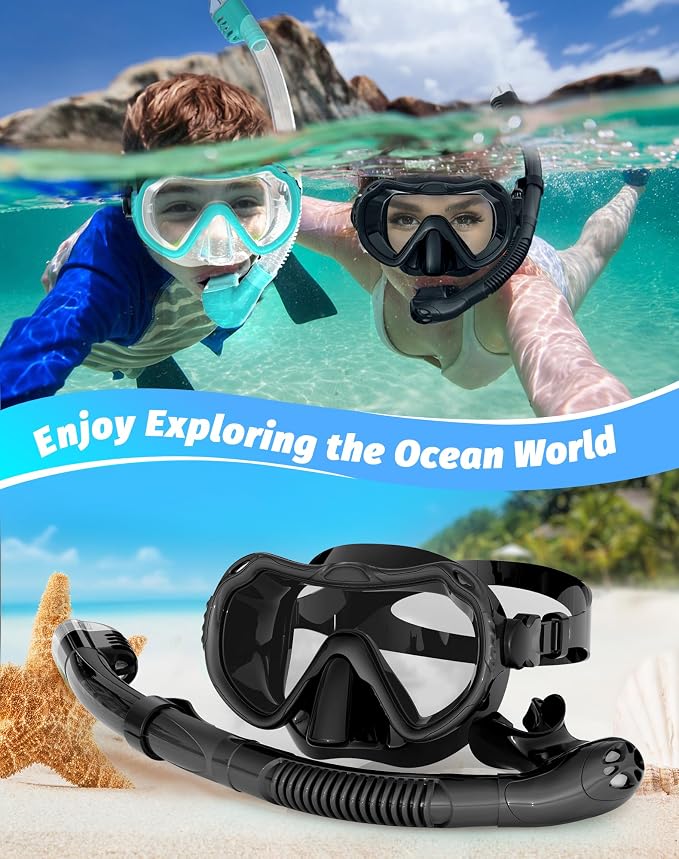 Snorkeling Gear for Adults, Snorkel Mask Set 180° Panoramic View Snorkel Gear, 100% Food-Grade Silicone Anti-Fog Anti-Leak Dry Top Diving Mask for Snorkeling Swimming Scuba Diving