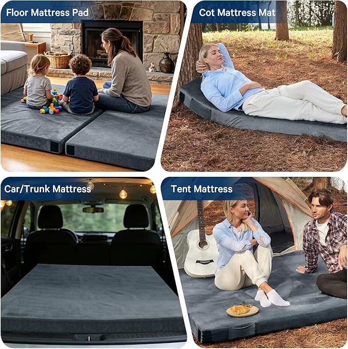 CYMULA Memory Foam Camping Mattress Pad, CertiPUR-US Sleeping Mat, Portable Roll Up Mattress for Adults, Camping Bed Pads for Sleepover, Car Bed with Travel Bag