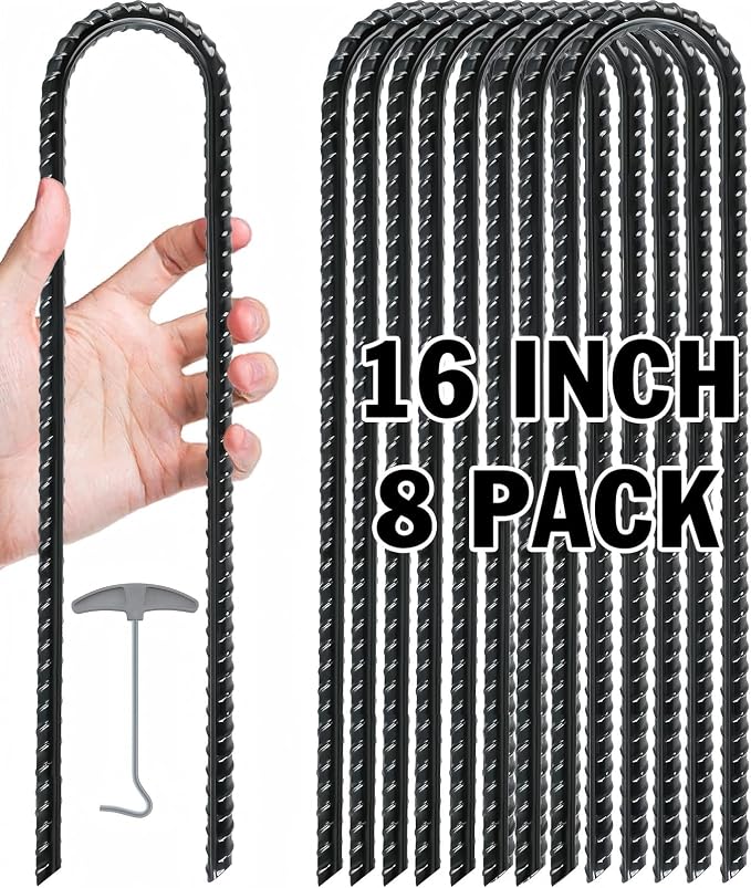 Gtongoko Trampoline Stakes Heavy Duty, 12/16 Inch U-Shaped Ground Anchors, 8mm Galvanized Steel Rebar Wind Stakes for Trampoline Safety, Anti-Rust Outdoor Stakes for Trampoline, Tent, Swing Set