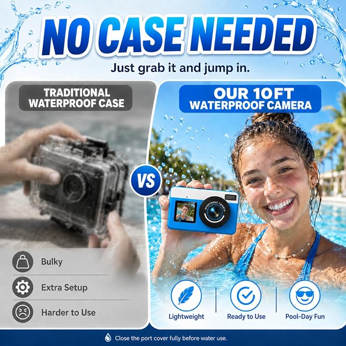 Maxmango D70 4K Underwater Digital Camera - 48MP 10FT Waterproof Camera for Snorkeling - Dual Screen Selfie Compact Floatable Camera with 16GB Card - Point and Shoot Digital Cam 1200mAh Battery -Blue