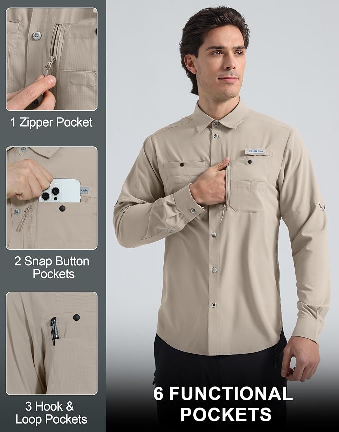 Pioneer Camp Men's Sun Protection Fishing Shirts UPF50+ Long Sleeve UV Quick Dry Cooling Shirts for Travel Camping Hiking
