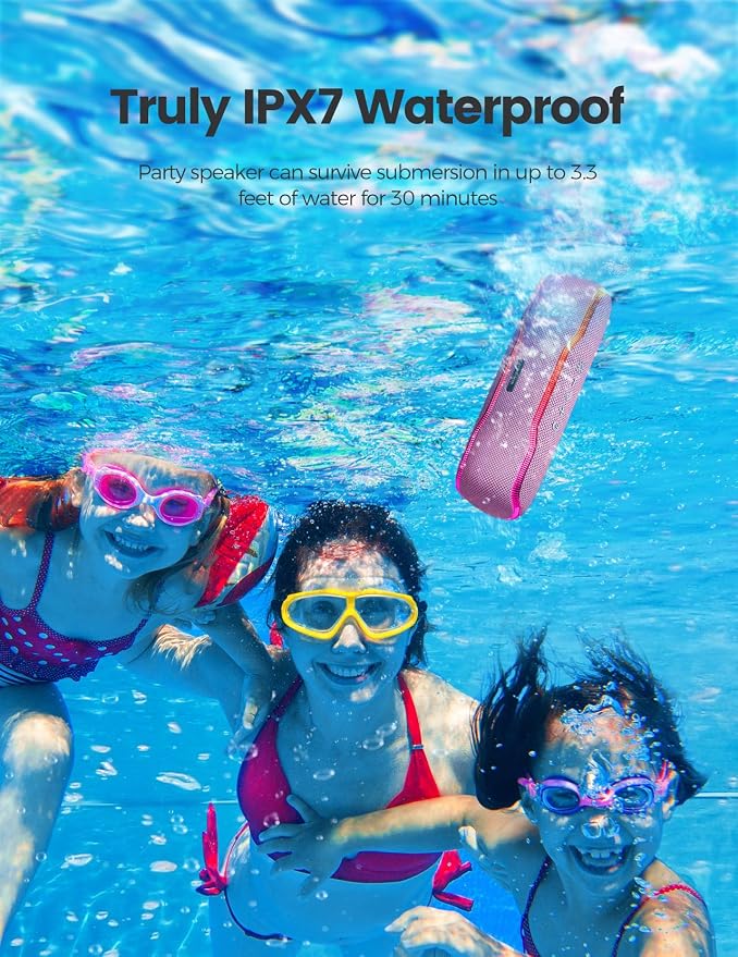 ERKEI SEHN Bluetooth Speaker, IPX7 Waterproof Wireless Speakers, Flashing Light, 25W Super Bass, 24H Playtime, Graduation Birthday Gifts for Him, TWS Pairing, Beach Essentials, Pink