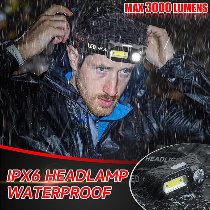 Bud K 6Pack Headlamp Rechargeable, 3000 Lumen Headlamps for Adults, 90 Angles Adjustable XPE Headlamp & COB Spotlight, Motion Sensor, 9 Modes, Lightweight Head Lamps for Camping Running Cycling