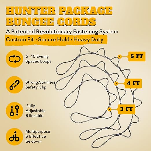 LoopRope Hunter Pack Heavy Duty Bungee Cord Set – Patented Adjustable Multi-Loop Tie Down System, Includes 3ft, 4ft & 5ft Ropes and 6 Carabiners for Camping, Trailer, ATV & More
