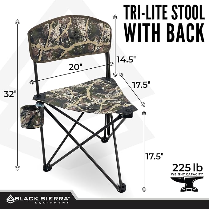 Black Sierra Tri-Lite Folding Stool with Backrest & Cup Holder, Lightweight Portable Hunting Fishing Chair with Carry Strap, Collapsible Outdoor Tripod Seat Supports 225 lbs
