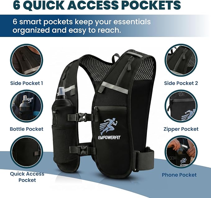 Running Hydration Vest with 500ml Soft Bottle – Lightweight Running Pack for Men & Women, Breathable Mesh, Reflective, 6 Pockets