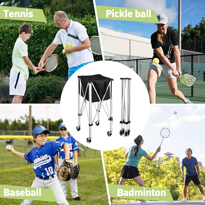 YooKoo Tennis Ball Hopper for 150 Balls, Tennis Ball Basket for Serve Training, Foldable Tennis Ball Cart with Storage Bag, Portable Pickleball Baseball Hopper Basket