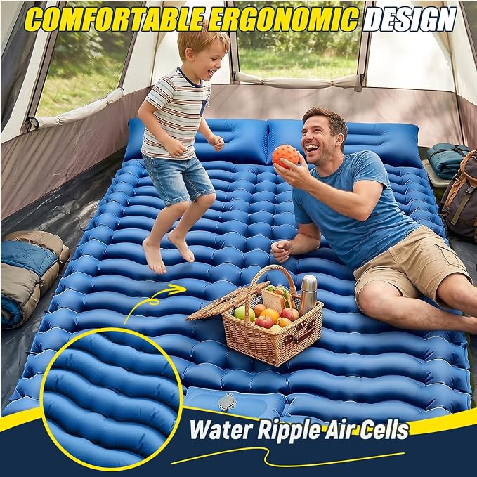 Myxslop Double Sleeping Pad for Camping, 4" Extra-Thick Inflatable Air Mattress with Built-in Pillow & Foot Pump, Portable Sleeping Mat for Backpacking, Tent Camping, Hiking and Beach