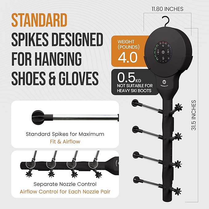 Hedgehog Hanger Shoe Dryer and Deodorizer for Sneakers, Gloves & Mittens – Rapid 4 Pair Shoes Dryer with Ionic i3 Turbo Technology, Turbocharged Drying, Silent & Tornado Mode, Adjustable Heat, Black