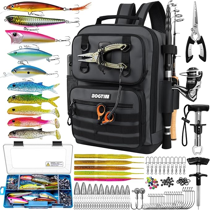 Fishing Backpack with Tackle Boxes and Rod Holders, Fishing Bag with Fishing Lure Kit Water-resistant Sling Tackle Bag Store Gear and Equipment, Bait Gifts for Men Woman Anglers-Dark Gray Backpack