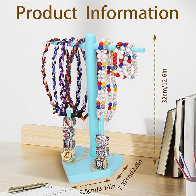 Baseball Ring Display Holder for Championship Rings & Necklaces, Wooden Sports Jewelry Organizer with Bat Stand for Baseball Softball Players, Athlete Gift Display Case for Rings Bracelets Medals,blue