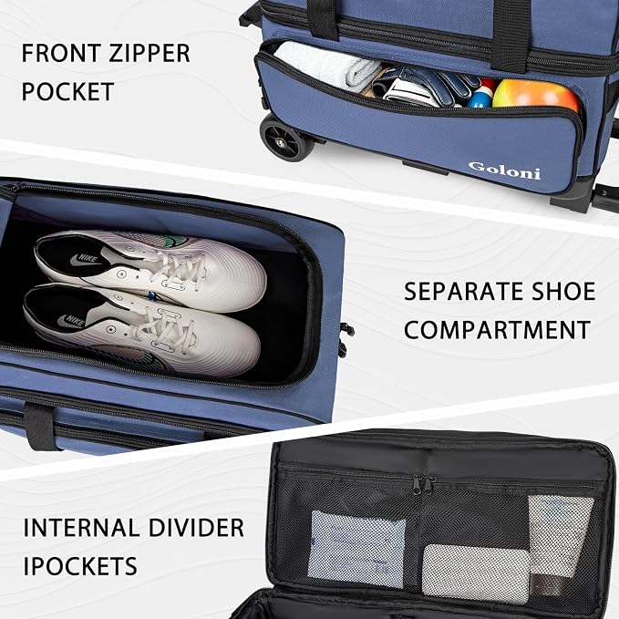 Goloni Double Roller 2 Ball Bowling Bag with Separate Shoe Compartment,2 Ball Bowling Bag with Wheels,Retractable Handle Extends to 40"