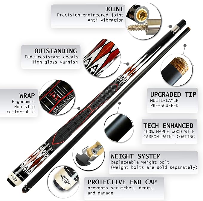 Tai ba cues 2-Piece Pool Stick with 1x1 Case, PU Rubber Grip, 13mm Multilayer Leather Tip, 58", Hardwood Canadian Maple Professional Billiard Pool Cue Stick 19-21 Oz