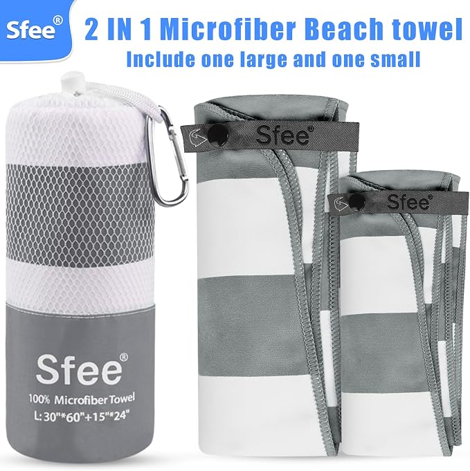 Sfee 2 in 1 Microfiber Beach Towel, Quick Dry Towel Camping Towel Travel Towel Super Absorbent Compact Lightweight Sports Gym Towels Set for Beach, Gym, Hiking, Pool, Backpacking, Bath, Yoga