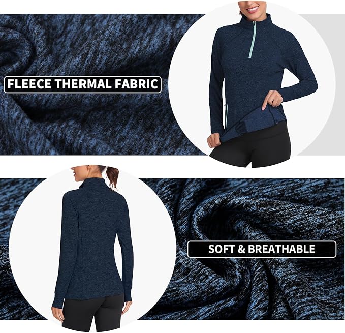 Soneven Women's Thermal Fleece Running Shirts Warm Winter Pullover Cold Weather Workout Hiking Tops with Thumb Holes Pockets
