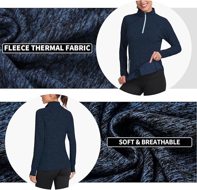 Soneven Women's Thermal Fleece Running Shirts Warm Winter Pullover Cold Weather Workout Hiking Tops with Thumb Holes Pockets