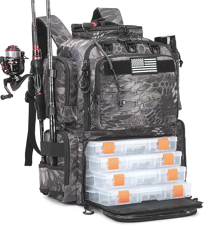 Tactical Fishing Backpack with Tackle Boxes, Rod Holders & Bottle Holder, 50 L Large Tackle Box Backpack with Cooler, Fishing Tackle Bag Store Gear & Equipment, 900 D Oxford, Camouflage Black