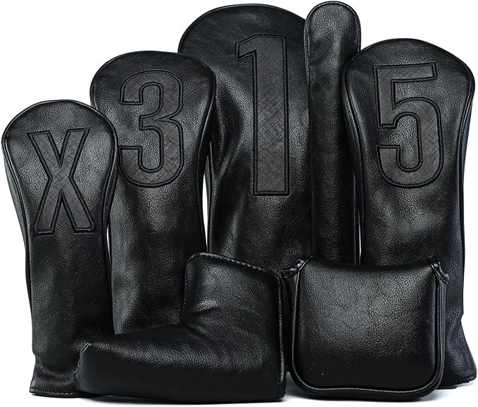 Golf Club Covers – Blackout Leather Driver Headcover, Fairway Wood, 3 Wood, Hybrid, Fits Mallet Blade Putter Head Covers Alignment Stick Cover