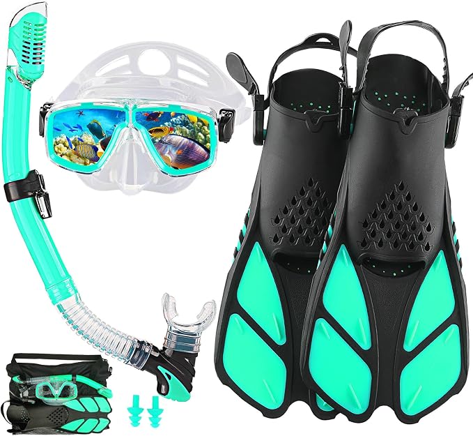 Snorkeling Gear for Adults with Fins Scuba Diving Gear Adult Professional Travel Snorkel Sets with Flippers,Anti-Fog Anti-Leak Diving Mask