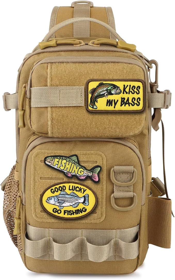 Dovesun Small Fishing Backpack with Tackle Boxes Fishing Sling Bag DIY Embroidery Patches Tackle Bag Gift for Men Khaki