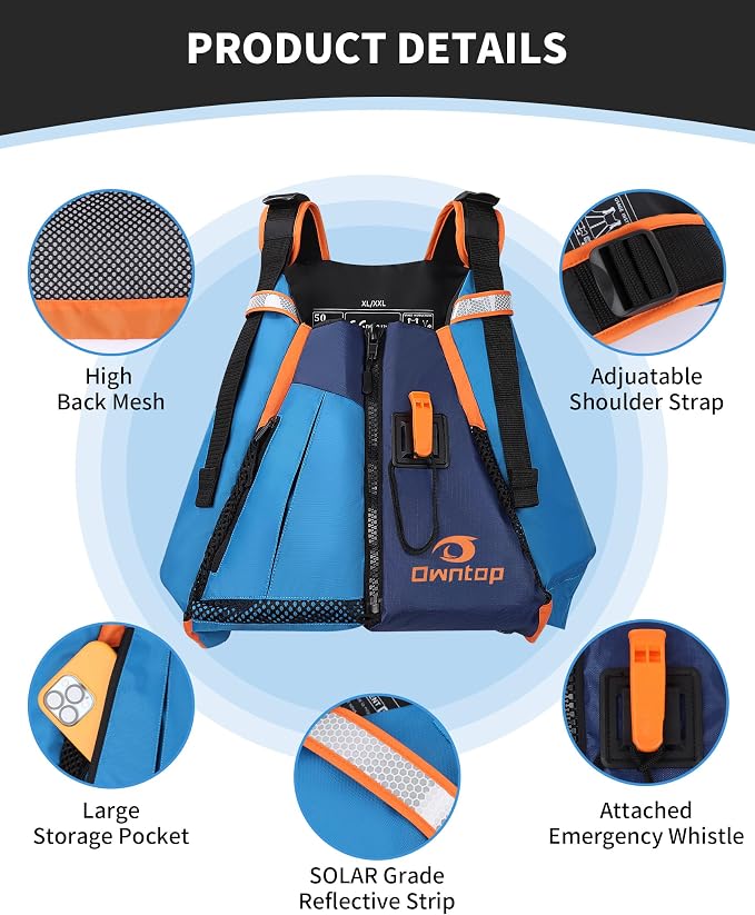 Owntop Adult Swim Vest - Adjustable Safety Strap & Premium Buoyancy for Paddle Sports, Kayaking, Canoeing, Boating