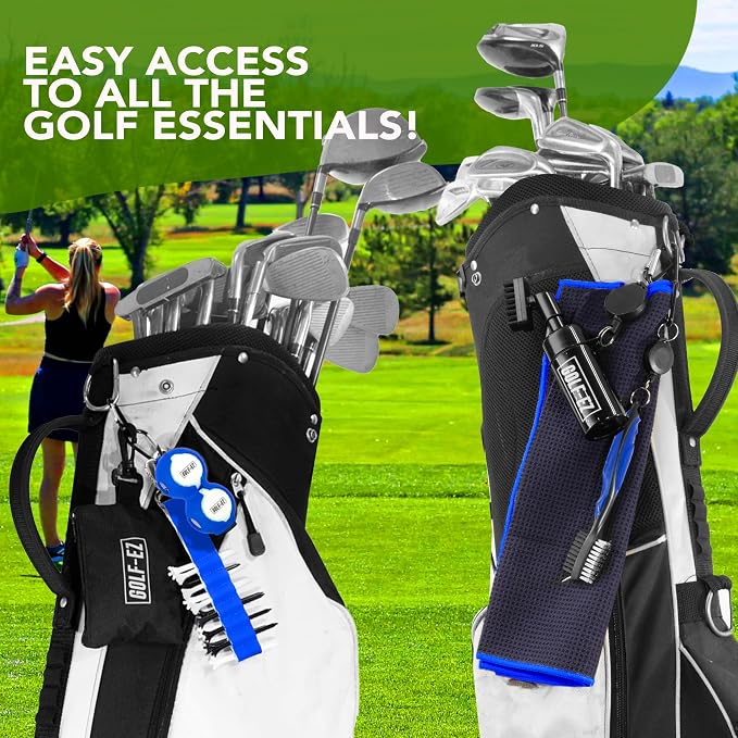 Golf Essentials Kit | Must-Have Accessories – Water Brush, Towel, Club Brush, Ball Marker, Divot Repair Tool, Ball & Tee Holder, Golf Gifts for Men & Women