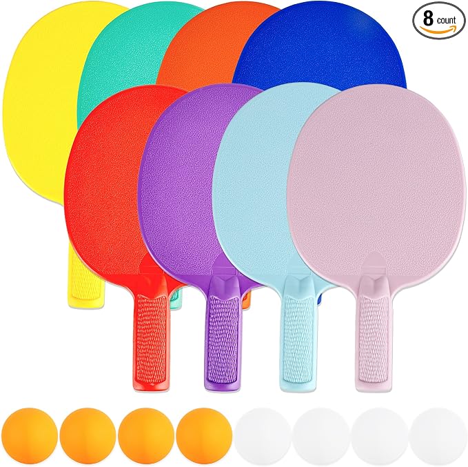 8 Pcs Plastic Table Tennis Paddles with 8 Balls Portable Ping Pong Paddles Rackets Unbreakable Plastic Textured Table Tennis Training Toys for Kids Beginner Adult Outdoor Equipment