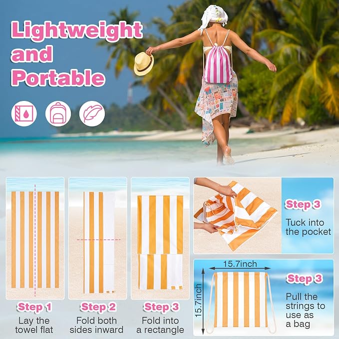 4 Pcs 2-in-1 Stripe Beach Towel Backpack, 31.5 x 63 Foldable Lightweight Microfiber Towel Bag Quick Dry Sand-Resistant Towels for Pool Camping Yoga Travel (Pink,Orange,Blue,Green)