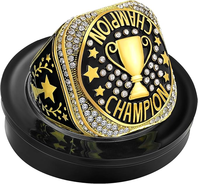 Highergo 1 PC Champion Mvp Rings Baseball Soccer Basketball Volleyball Football Softball Trophy Ring with Display Stand and Neck Chain Size 11 for Winner Tournament Award Gift(Baseball)