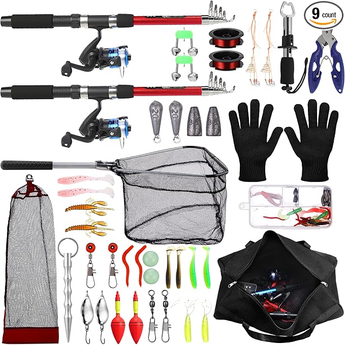 MiniInflat Telescopic Fishing Rod and Reel Combo, 6.89ft 2pcs Collapsible Rod with Plier Lip Gripper Lures Carrier Bag Pre-Loaded Spinning Reel Saltwater Freshwater Fishing Pole Kit