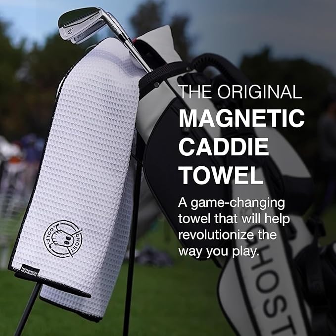 Ghost Golf Magnetic Towel (Caddie) - Premium Ultra-Absorbent Microfiber Golf Towel with Magnet for Golf Carts or Clubs - 18" x 40" Golfing Gear - Waffle Weave Pattern (Dark Grey)