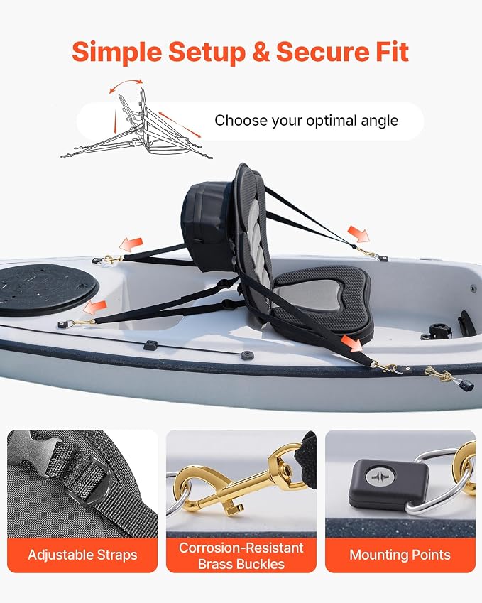 VEVOR Kayak Seat, Universal Paddle Board Seat with Adjustable Back Support, Multiple Thickness Options (0.5” to 2.6”), Soft Padded Cushion & Storage Bag for SUP, Canoe, Fishing Boat, Inflatable Kayak