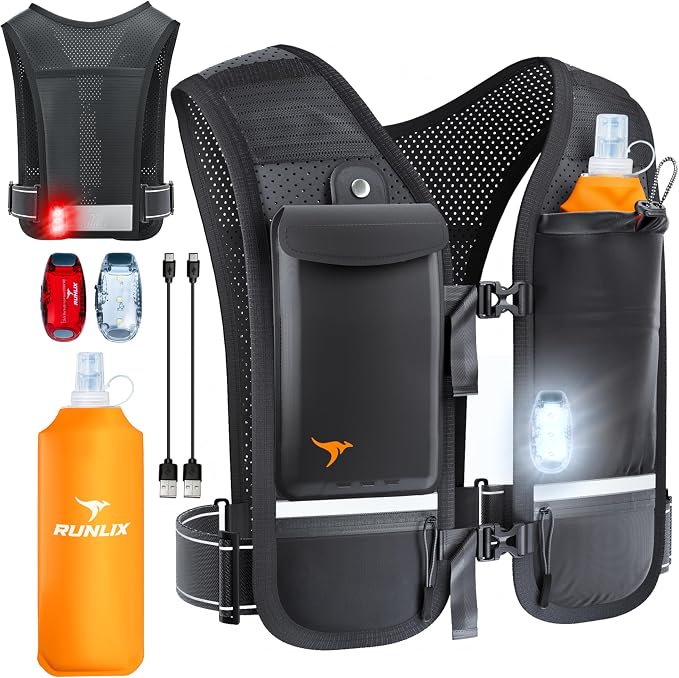 Running Vest for Women Men-Reflective Running Hydration Vest with 500ml Soft Water Bottle, Phone Holder, 2 LED Lights USB Rechargeable-7 Pockets Runners Backpack Marathon