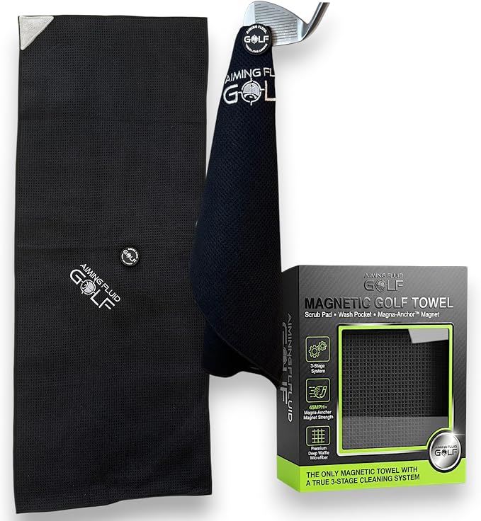 Magnetic Towel Club Glove Gear - 3 Stage Cleaning System- Microfiber Rag with Magnet for Golfcart Bags for Men and Women Black, 16" x 40" The 40