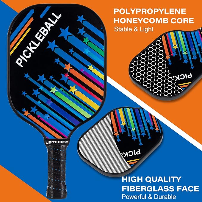 Pickleball Paddles Set of 4, Fiberglass Pickleball Paddles with Honeycomb Core, Lightweight Pickleball Set with Balls & Bag for Men, Women & Beginners