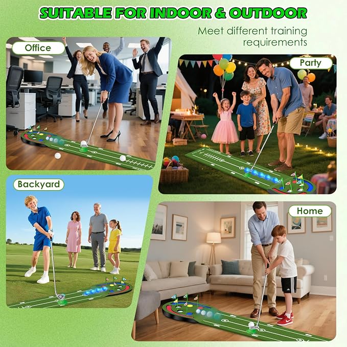 VATOS Golf Putting Mat Indoor for Kids - Golf Game Set with LED Balls, Glow Holes, Irons & Putters, Portable Putting Green Outdoor for Home Backyard Party, Golfs Toy Gifts for Kids 6-14
