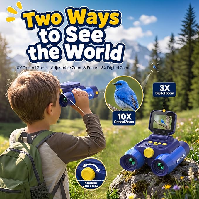 Binoculars for Kids with Night Vision,48MP Photo & 1080P Video(Blue) | 10X Optical Zoom Digital Binoculars with 2.4" IPS Screen, 20 Built-in Games, STEM Outdoor Toys Gift for Boys Girls Age 4-12