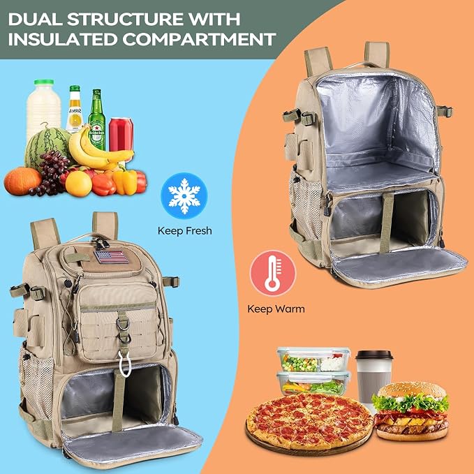Bagenerous 39L Fishing Tackle Backpack with Rod Holders & Cooler,Water-resistant Fishing Gear Storage Bag with Protective Rain Cover,Khaki