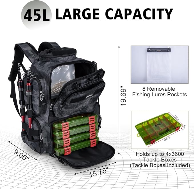 Goture Fishing Backpack with 4 Tackle Boxes,900D Water-Resistant Tackle Backpack with Rod Holders,SBS Zippers,45L Large Tackle Storage Gear Bag with Rain Cover,Bottle Holder for Travel Camping Hiking