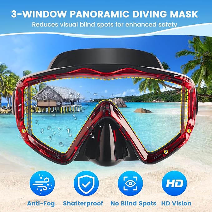 2 Pack Snorkel Mask for Adults - 180° Panoramic View, Anti-Fog Shatterproof PC Lens, Dry Snorkel Set for Diving, Swimming & Travel