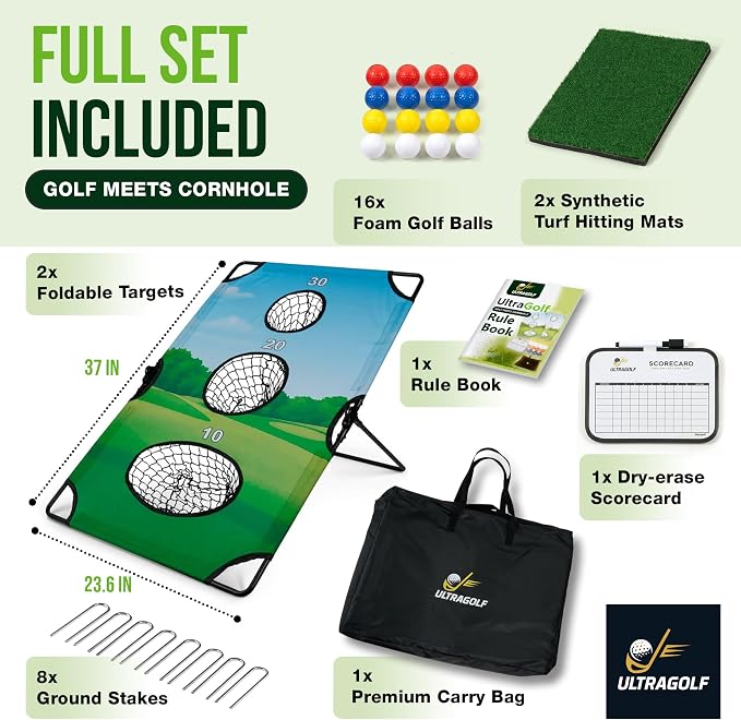 2-in-1 Golf Cornhole Chipping Game Set for Adults, Families and Golf Lovers – Foldable Yard Game with Targets, Non-Slip Mats, Balls, Stakes – Portable Outdoor Lawn and Backyard Simulator