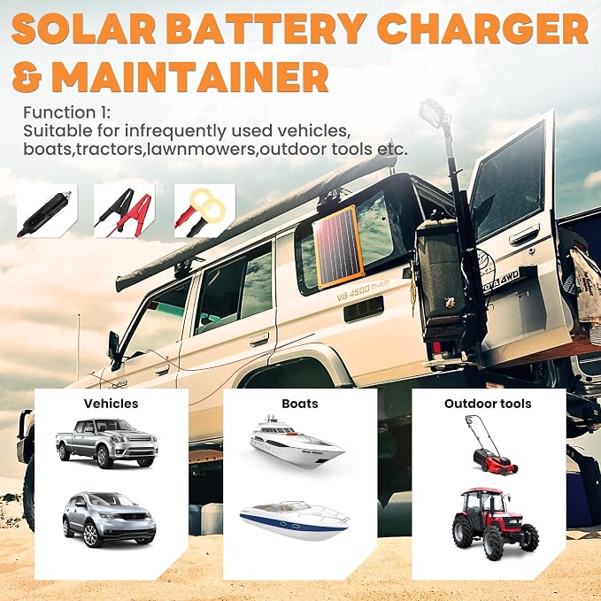 FieryRed 10W 12V Solar Panel Car Battery Charger & Maintainer, Waterproof Trickle Charger with Built-in Controller, Cig Plug, Alligator Clips, USB-C, USB-A Outputs for Car, Boat, RV, Tractor