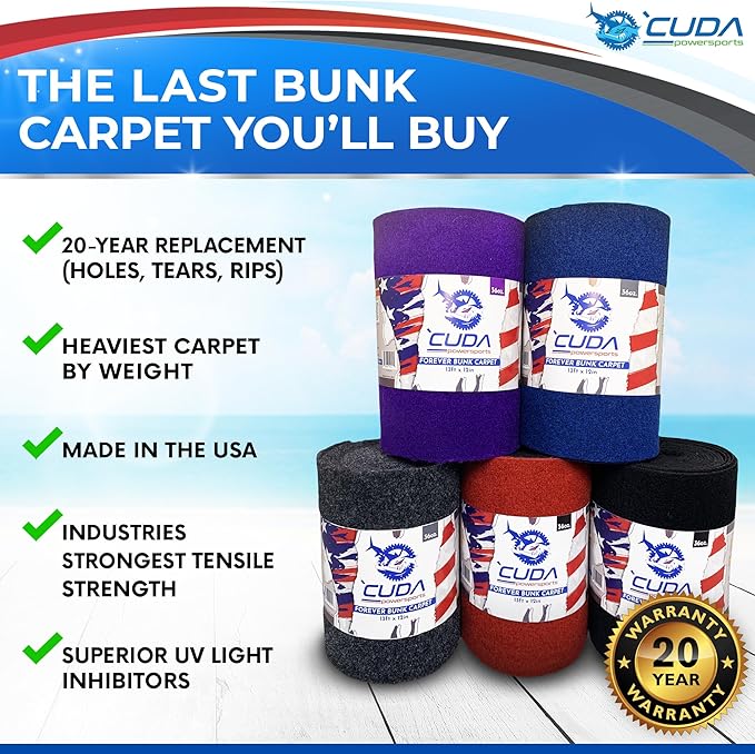 Boat Trailer Bunk Carpet (Blue)- 36oz Forever Boat Bunk Carpet (9" W x 75'L, Blue) Bunk Board Carpeting for Bunks