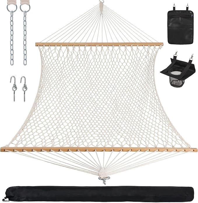 ANOW Rope Hammock Double Hammock with Hardwood Spreader Bar and Carrying Bag, 450 LBS Weight Capacity for Two Person, Natural